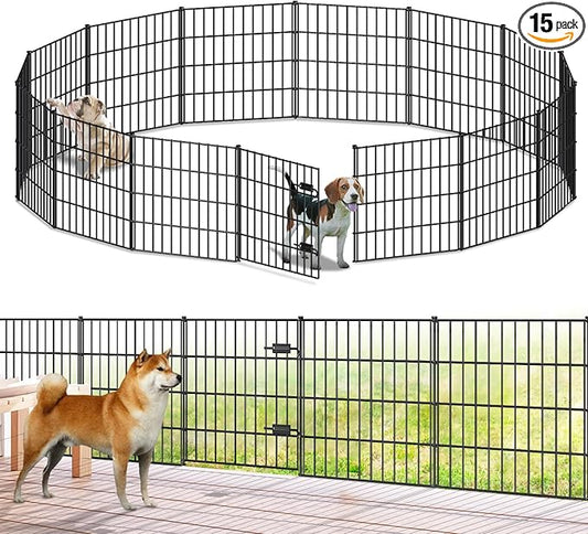 Metal Garden Fence 28in (H) x 35ft (L), 1 Gate + 14 Panels Dog Fences Border Fence Animal Barrier, No Dig Garden Fencing for Yard Flower Bed Lawn Patio Outdoor, PIN282815G Black