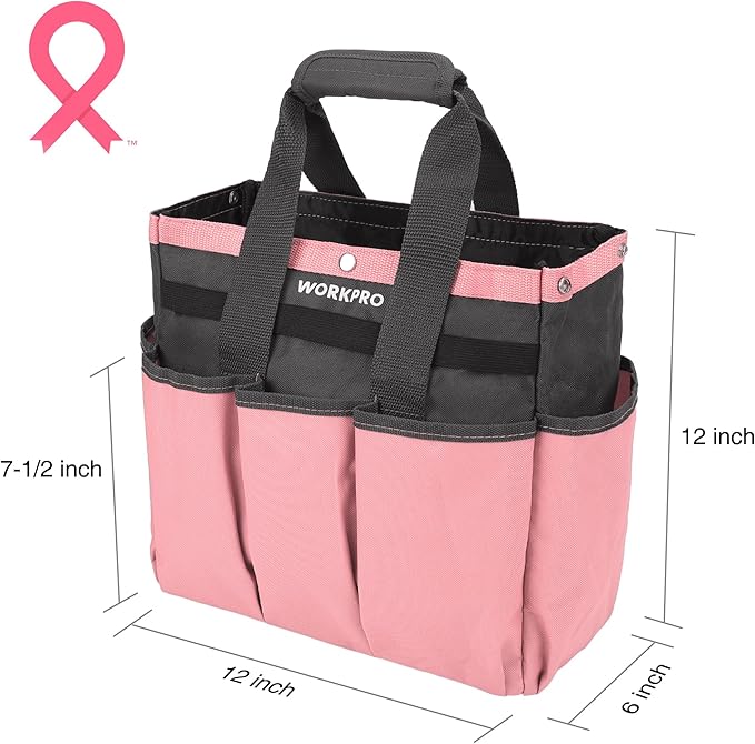 WORKPRO Garden Bag, Garden Tool Tote Storage Bag with 8 Pockets, Home Organizer for Outdoor Gardening Caddy, Garden Tool Kit Holder (Tools NOT Included), Garden Gifts, Pink Ribbon