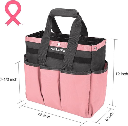 WORKPRO Garden Bag, Garden Tool Tote Storage Bag with 8 Pockets, Home Organizer for Outdoor Gardening Caddy, Garden Tool Kit Holder (Tools NOT Included), Garden Gifts, Pink Ribbon