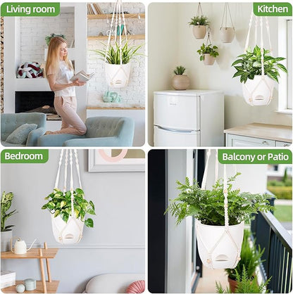 2-Pack 7.1-Inch Self-Watering Orchid Hanging planterS for Indoor & Outdoor baskets,34Inch Macrame Hanger Plant Pots Indoor with Drainage,Small Hanging Planters,With Two Sets of Hooks（Pure white）