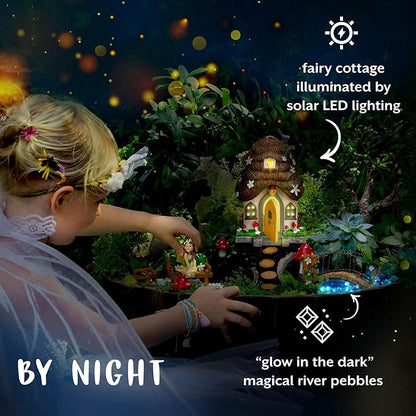 WILD PIXY Fairy Garden Kit - 13 Piece Glow in The Dark Accessories with 7.1" Outdoor Fairy House with Opening Door and Solar LED Light, Garden Door for Trees, Stones, Indoor/Outdoor Decor