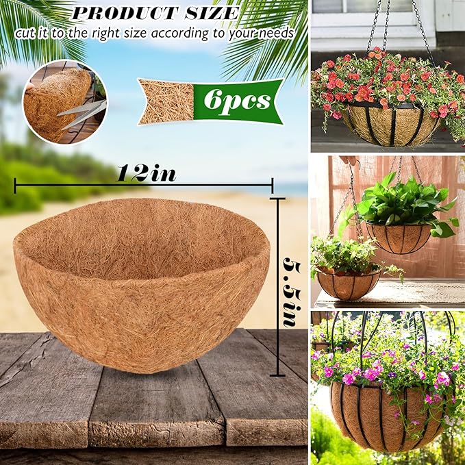 ZeeDix 6Pcs 12 Inch Coconut Liners for Planters, Round Hanging Basket Liners 100% Natural Coco Coir Basket Coco Replacement Liners for Hanging Basket Planters Flowers Vegetables(12in-6pcs)