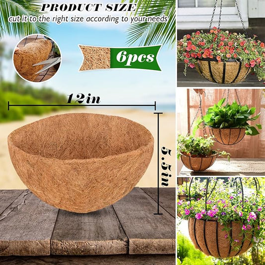 ZeeDix 6Pcs 12 Inch Coconut Liners for Planters, Round Hanging Basket Liners 100% Natural Coco Coir Basket Coco Replacement Liners for Hanging Basket Planters Flowers Vegetables(12in-6pcs)