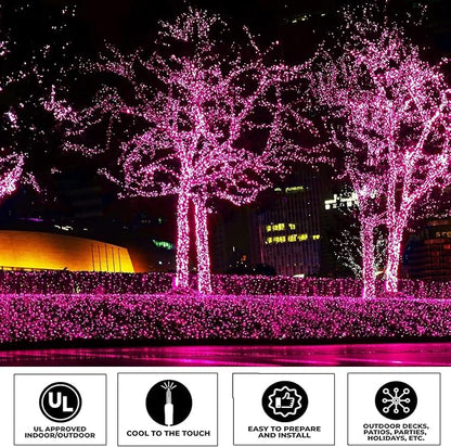 Vigdur 2 Pack 13ft 50 Count Outdoor String Lights on Pink Wire Cord, UL Approved for Indoor/Outdoors Use, Connectable 120V Clear Outdoor Lights for Xmas Patio Home Party Garden Decor(Pink)