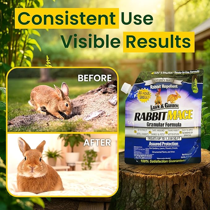 Nature’s MACE Rabbit Repellent 3 lb Granular/Treats 1,350 sq ft./Rabbit Repellent and Deterrent/Keep Rabbits Out of Your Lawn and Garden/Safe to use Around Children & Plants.
