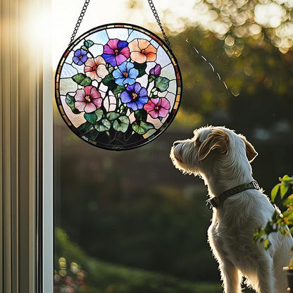 Stained Glass Window Hanging - Morning Glory Flowers Suncatcher for Doors Garden Patio Floral Sun Catchers Decor Christmas Mother's Day Birthday Gifts for Women Men Mom Nana Friend 11.8 in