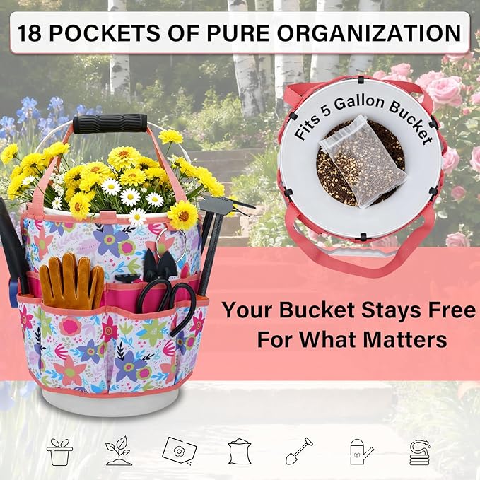 KUNN 5 Gallon Bucket Organizer 18-Pocket Bucket Tool Bag with Hangable Handle, Heavy-Duty Garden Tool Organizer Bag for Gardening Tools, Fits 3.5-5 Gal Buckets, Includes Comfort Grip Pad, Red