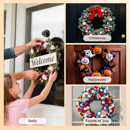 OUTXE Wreath Hanger for Front Door, Heavy Duty Suction Cup Reef Hook for Glass Window/Over Door, Christmas/Thanksgiving/Halloween/July 4th/Easter/Valentine/Winter/Fall/Summer/Spring (Black, 4-Pack)