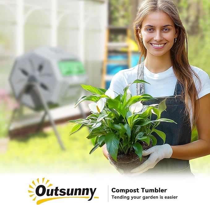 Outsunny Tumbling Compost Bin Outdoor 360° Dual Chamber Rotating Composter 43 Gallon, Light Gray