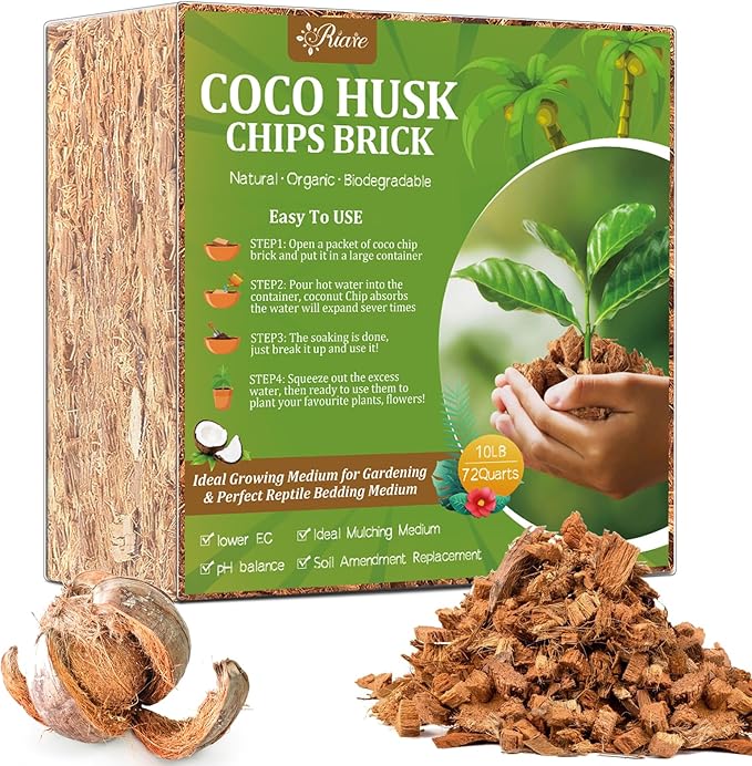 Riare 10LBS Coco Chips Substrate for Plants- 100% Organic Coconut Husk Chips with Low EC and pH Balanced, High Expansion Coconut Substrate Coco Husk Mulch for Garden Flowers, Herbs, Planting