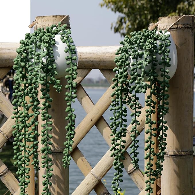 Tiita Artificial Succulents Hanging Plants, Faux String of Pearls Plants for Home Office Accessories Window Sill Bathroom Bedroom Fake in White Ceramic Pots, Set of 2