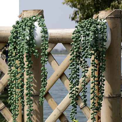 Tiita Artificial Succulents Hanging Plants, Faux String of Pearls Plants for Home Office Accessories Window Sill Bathroom Bedroom Fake in White Ceramic Pots, Set of 2