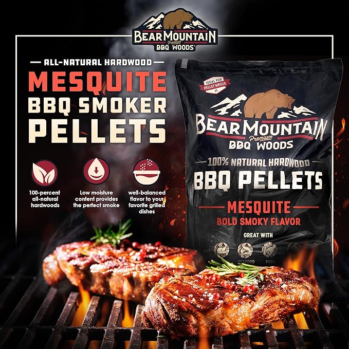 Bear Mountain All Natural Wood Pellets for Smoker, Grill & BBQ, 40 Lbs, Mesquite - Premium Hardwood Barbecue Pellets for Indoor and Outdoor Grilling