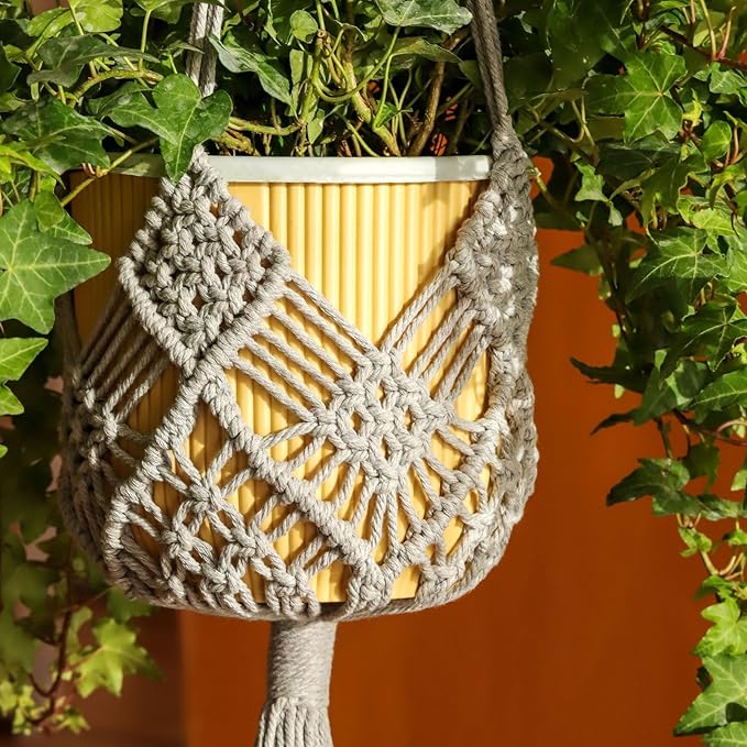 Hanging Planter with Patterns,2Packs Macrame Plant Hangers Indoor Macrame for up to 8 inch Pot Crochet Boho Plant Hanger Holder for Indoor Outdoor with 2S Shaped Stainless Steel Hooks (Gray)