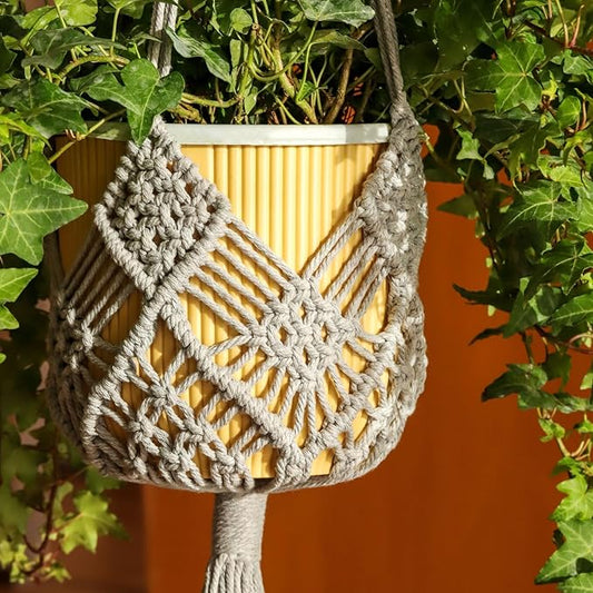Hanging Planter with Patterns,2Packs Macrame Plant Hangers Indoor Macrame for up to 8 inch Pot Crochet Boho Plant Hanger Holder for Indoor Outdoor with 2S Shaped Stainless Steel Hooks (Gray)