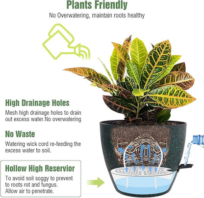 Large Self Watering Pots, 12/10/9 Plastic Planters with High Drainage Holes and Deep Reservoir for Indoor Outdoor Garden Plants and Flowers, Black with Green Speckles