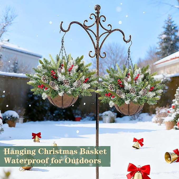 20 Inch Artificial Christmas Hanging Basket with 30LED Changing Warm White&Multicolored Timer 8 Modes Remote Control Norfolk Pine Snowy Tips Hanging Christmas Decorations for Porch Front Door Home