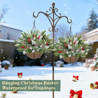 20 Inch Artificial Christmas Hanging Basket with 30LED Changing Warm White&Multicolored Timer 8 Modes Remote Control Norfolk Pine Snowy Tips Hanging Christmas Decorations for Porch Front Door Home