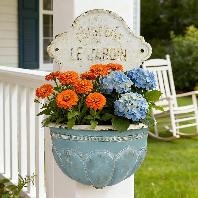 Vintage Style Cast Iron Wall Planter, Cultive Dans Le Jardin French Inspired Hanging Flower Pot, 27" Decoractive Retro Wall Mount Planter with Rustic Charm for Indoor Outdoor Garden Decor