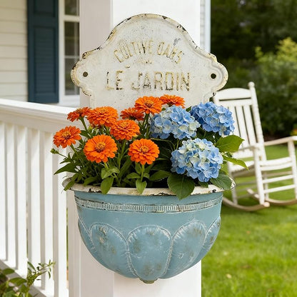 Vintage Style Cast Iron Wall Planter, Cultive Dans Le Jardin French Inspired Hanging Flower Pot, 27" Decoractive Retro Wall Mount Planter with Rustic Charm for Indoor Outdoor Garden Decor