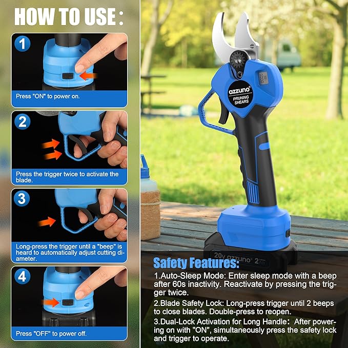 AZZUNO 20V 2-IN-1 Electric Pole Pruning Shears: 1.4 Inch Cordless Long Handle Pruner 13ft Reach, Brushless Branch Cutter with LCD Display for Tree Trimming Gardening (2Pcs 2.0Ah Batteries and Charger)