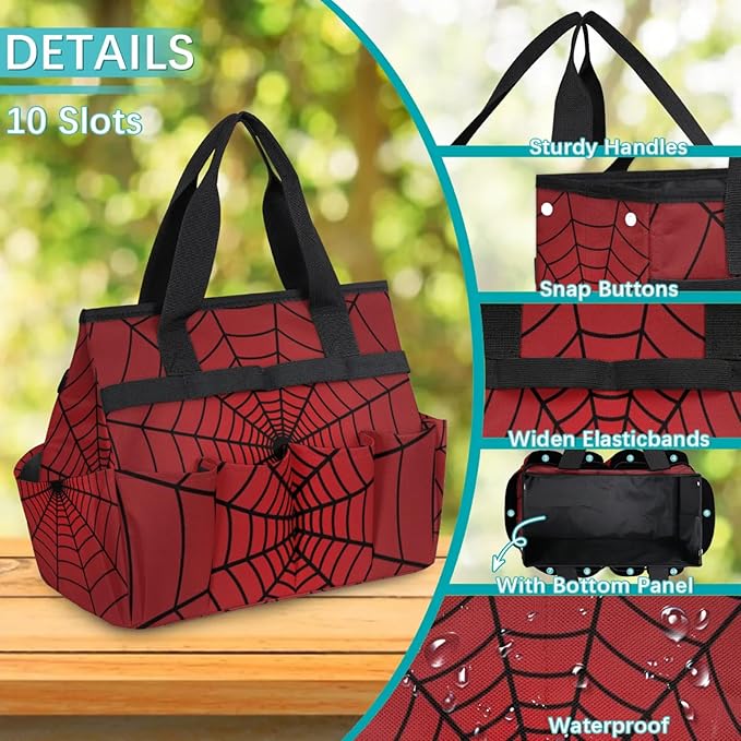 Spiders Web Red Gardening Tool Bag,Heavy Duty Garden Tote Bag,Portable Oxford Gardening Storage Basket Organizer Handbag with Pockets Handle,Hand Tools Gifts for Outdoor Garden Lawn