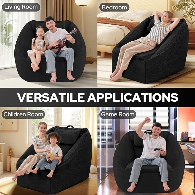 HABUTWAY Inflatable Bean Bag Chairs for Adult Blow up Chair Portable Inflatable Bean Bag Couch w/Electric Air Pump,Handle & Side Pocket for Movie Night Reading Gaming Living Room - Black