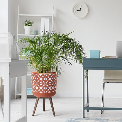 D'vine Dev 14 Inch Planter Pot with Stand, Mid-Century Tall Plant Pot with Legs for Indoor Plants, Pottery Red Terracotta/White, 88-G-D-5