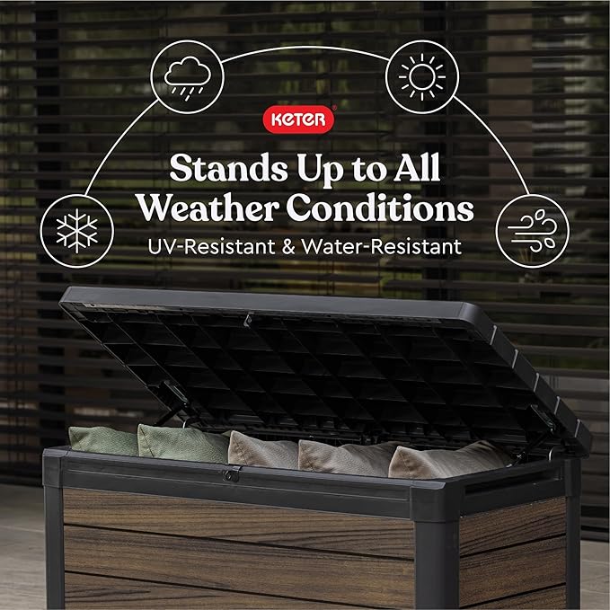 Keter Rosewood 100 Gallon Resin Deck Box Organization and Storage for Patio Furniture Outdoor Cushions, Throw Pillows, Garden Tools and Pool Toys
