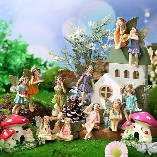 Fumete 13 Pcs Miniature Fairies & Mushroom House Figurines - Mini Garden Accessories for Outdoor Yard & Home Decoration