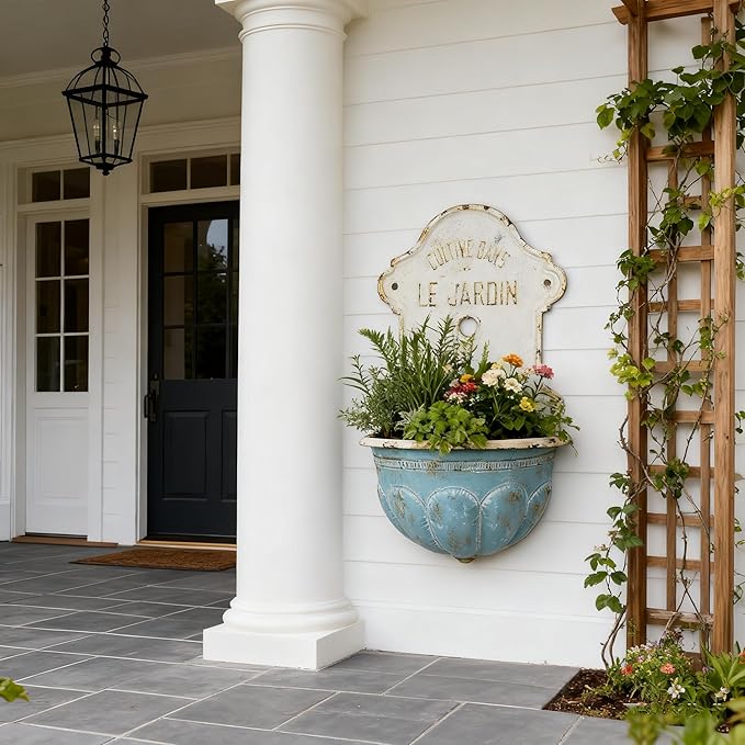 Vintage Style Cast Iron Wall Planter, Cultive Dans Le Jardin French Inspired Hanging Flower Pot, 27" Decoractive Retro Wall Mount Planter with Rustic Charm for Indoor Outdoor Garden Decor