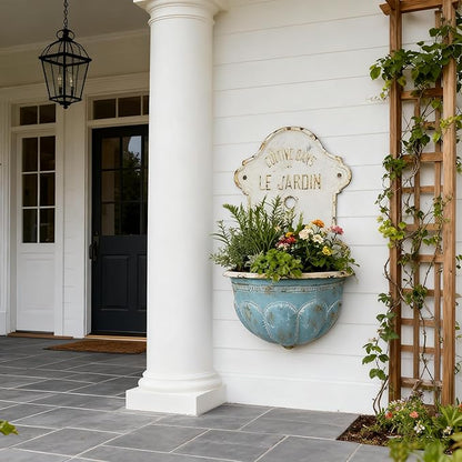 Vintage Style Cast Iron Wall Planter, Cultive Dans Le Jardin French Inspired Hanging Flower Pot, 27" Decoractive Retro Wall Mount Planter with Rustic Charm for Indoor Outdoor Garden Decor