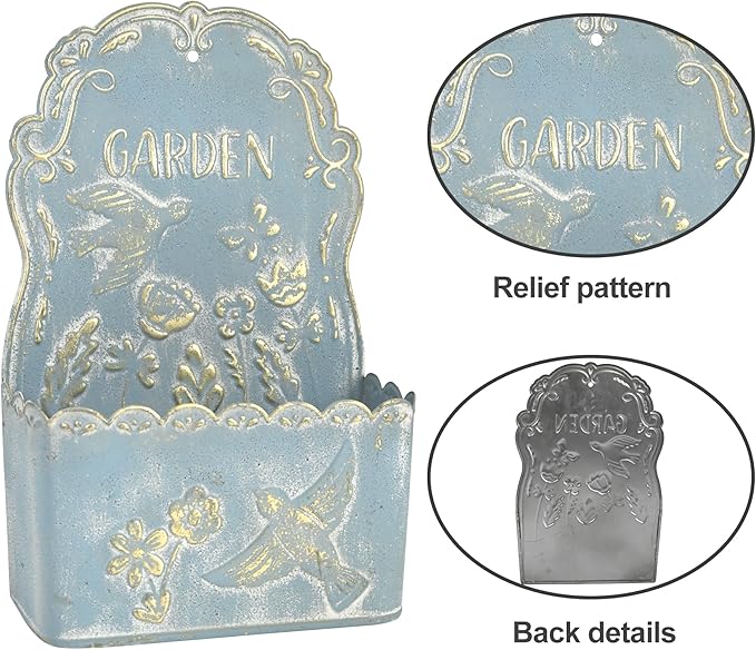 BIG FORTUNE Metal Wall Mount Planter Wall Vases for Flowers Shabby Chic Decor for Rustic Farmhouse Outdoor Decor (Blue)