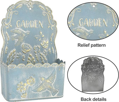 BIG FORTUNE Metal Wall Mount Planter Wall Vases for Flowers Shabby Chic Decor for Rustic Farmhouse Outdoor Decor (Blue)