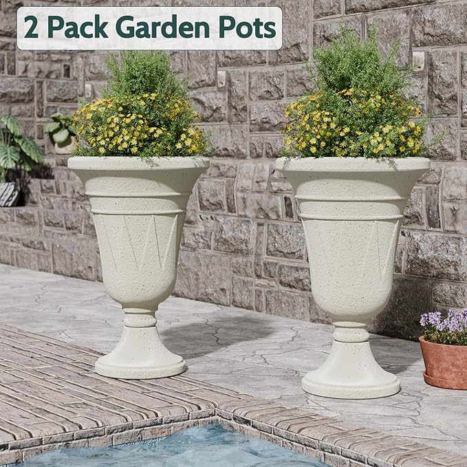 23.6" Tall Plastic Urn Planters for Outdoor Plants, Set of 2 Heavy-Duty Classic Indoor Large Flower Pots with Drainage Holes & Trophy Design, Outdoor Planters for Porch, Home Garden, White