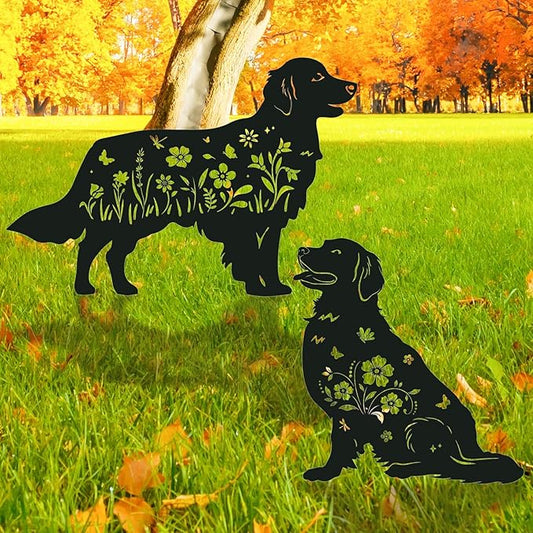 Golden Retriever Metal Garden Stakes Yard Decor, 2PCS Black Dog Silhouette Statues Garden Decorative Gifts for Yard Art, Patio, Outside, Lawn Ornaments, Backyard, Christmas