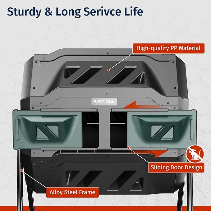 East Oak Compost Tumbler Outdoor, 43-Gal Dual Chamber Compost Bin with 2 Sliding Door and Aeration System, Tumbling Rotating Composter Bin for Kitchen, Garden, Yard