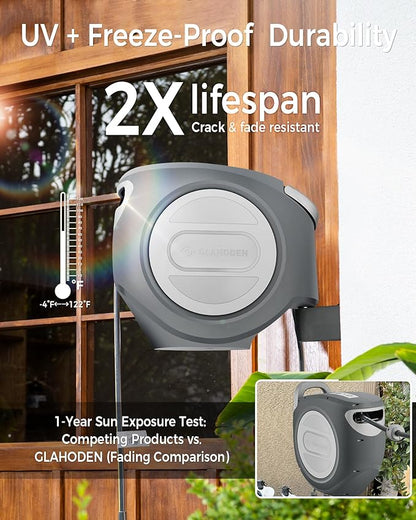 GLAHODEN Retractable Garden Hose Reel 1/2 in x 100 ft Upgraded UV Resistant Heavy Duty Automatic Hose Reel Wall Mount 3/4 in Brass Fitting 9 Pattern Nozzle Any Length Lock Slow Retraction 180° Swivel