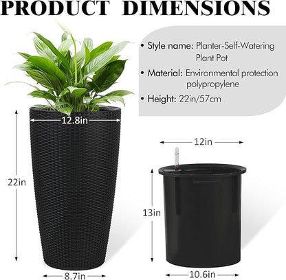 22" Tall Planter Set of 2, Large Self Watering Pots for Indoor/Outdoor Plants with Drain Holes, Water Level Monitor, Inner Bucket for Front Porch Patio, Black Rattan Conical