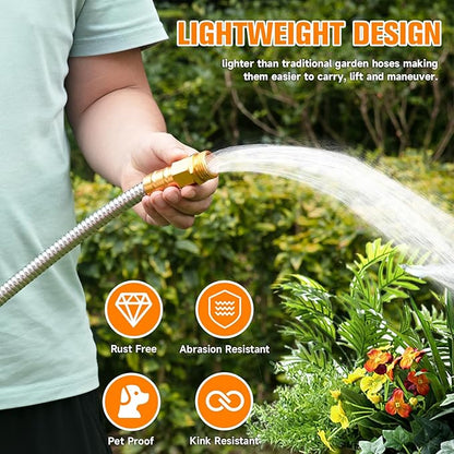 Garden Hose 15 FT, 304 Stainless Steel Metal Water Hose, Heavy Duty Flexible Leader Hose, Short Water Hose Kink Free Hose for Rv, Outdoor, Yard, No Bite, Leak proof and Durable
