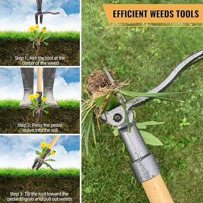 Weed Puller Tool, Stand Up Weed Remover Tool with Long Handle, 4-Claw Steel Head Manual Weeders, Gardening Hand Weeding Tools Without Bending, Pulling, or Kneeling