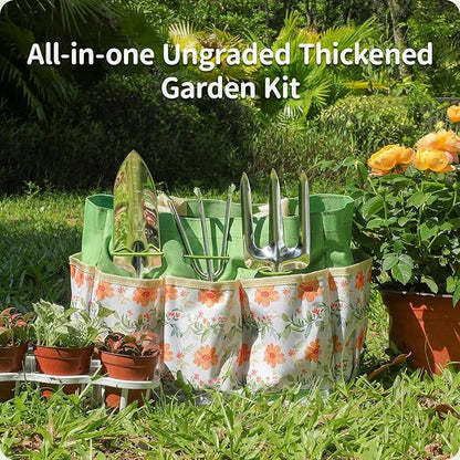 Gardening Tools 10-Piece Heavy Duty Stainless Steel Hand Tools with Durable Garden Tools Storage Tote,Rust-Proof Garden Tool Set, Ideal Gardening Gifts for Women Yellow Floral Pattern Design