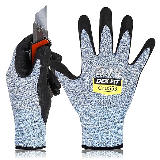 DEX FIT Level 5 Cut Resistant Gloves Cru553, 3D-Comfort Fit, Firm Grip, Thin & Lightweight, Touch-Screen Compatible, Durable, Breathable & Cool, Machine Washable; Blue XL (10) 3 Pairs