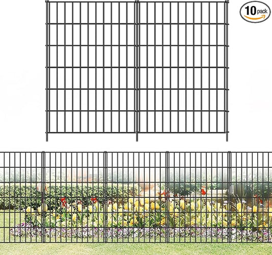 Metal Garden Fence 40in (H) x 23.3ft (L), 10 Panels + 11 Stakes Dog Fences Border Fence Animal Barrier, No Dig Garden Fencing for Yard Flower Bed Lawn Patio Outdoor, PIN402810 Black