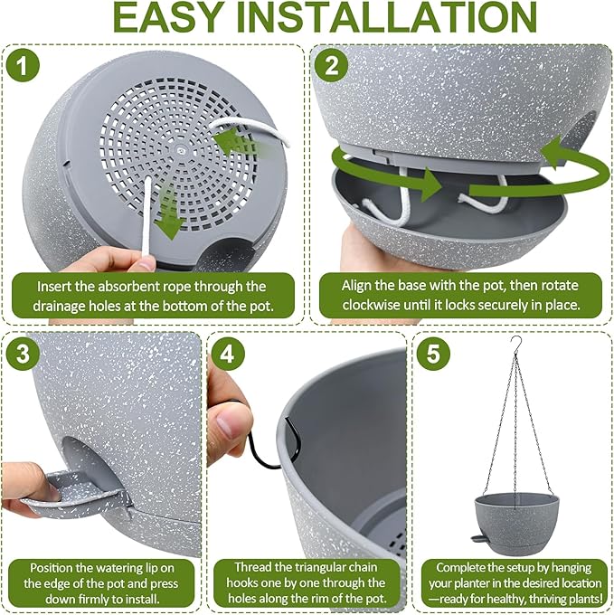 WOUSIWER Self Watering Hanging Planters, 2 Pack 12'' Plastic Pots with Drainage Holes & Reservoir Tray (Speckled Grey) | Indoor & Outdoor Use for Ferns, Ivy, Herbs, Succulents