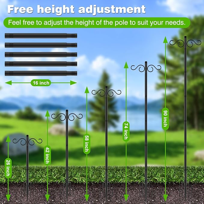 Double Shepherds Hooks for Outdoor,1 Pack 90 Inch Bird Feeder Pole with 5 Prongs Base,Heavy Duty Shepherds Hook,Suitable for Garden in Hanging Flower Basket,Lantern,Bird Nests (1 Pack 90 inch)