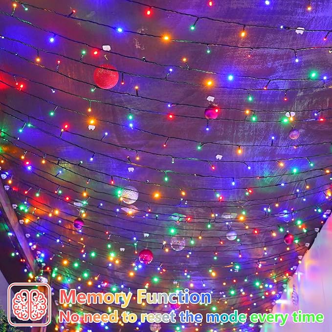 YEGUO 66ft 200 LED Christmas Light Outdoor Waterproof, 8 Modes String Lights Multicolor, Green Wire Twinkle Tree Light Plug in with Timer Memory
