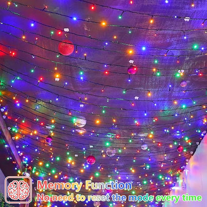 YEGUO 66ft 200 LED Christmas Light Outdoor Waterproof, 8 Modes String Lights Multicolor, Green Wire Twinkle Tree Light Plug in with Timer Memory