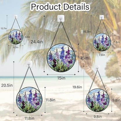 Stained Glass Window Hanging - Blue Purple Delphinium Suncatcher for Door Garden Home Decor Birth Flower Sun Catcher Birthday for Friend Lovers Women Mom Nana 6.3 in