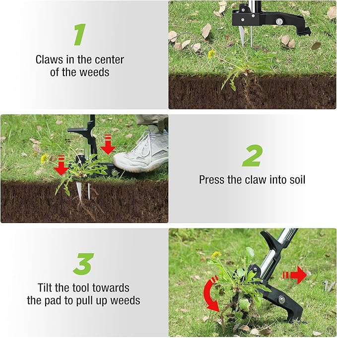 WORKPRO Stand Up Weed Puller Tool, Garden Dandelion Weeder Puller with Ergonomic 39" Long Handle, 4 Claws Steel Head & Foldable Foot Pedal, Heavy Duty Root Remover Tool Without Bending or Kneeling